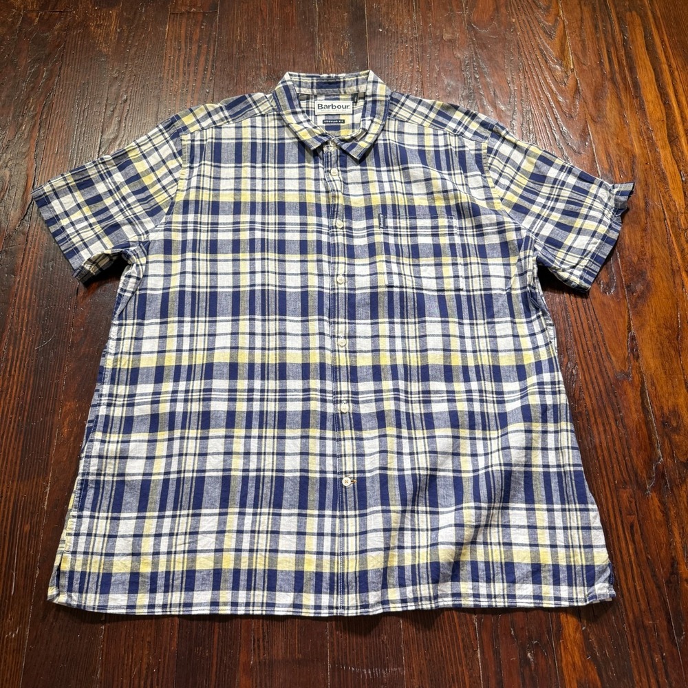 Barbour Shirt Mens Large Blue Plaid Linen Blend Short Sleeve Button